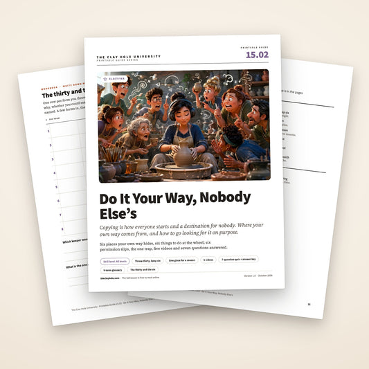 Do It Your Way, Nobody Else’s printable guide: the cover, with the thirty and the six log and the one page summary fanned behind it