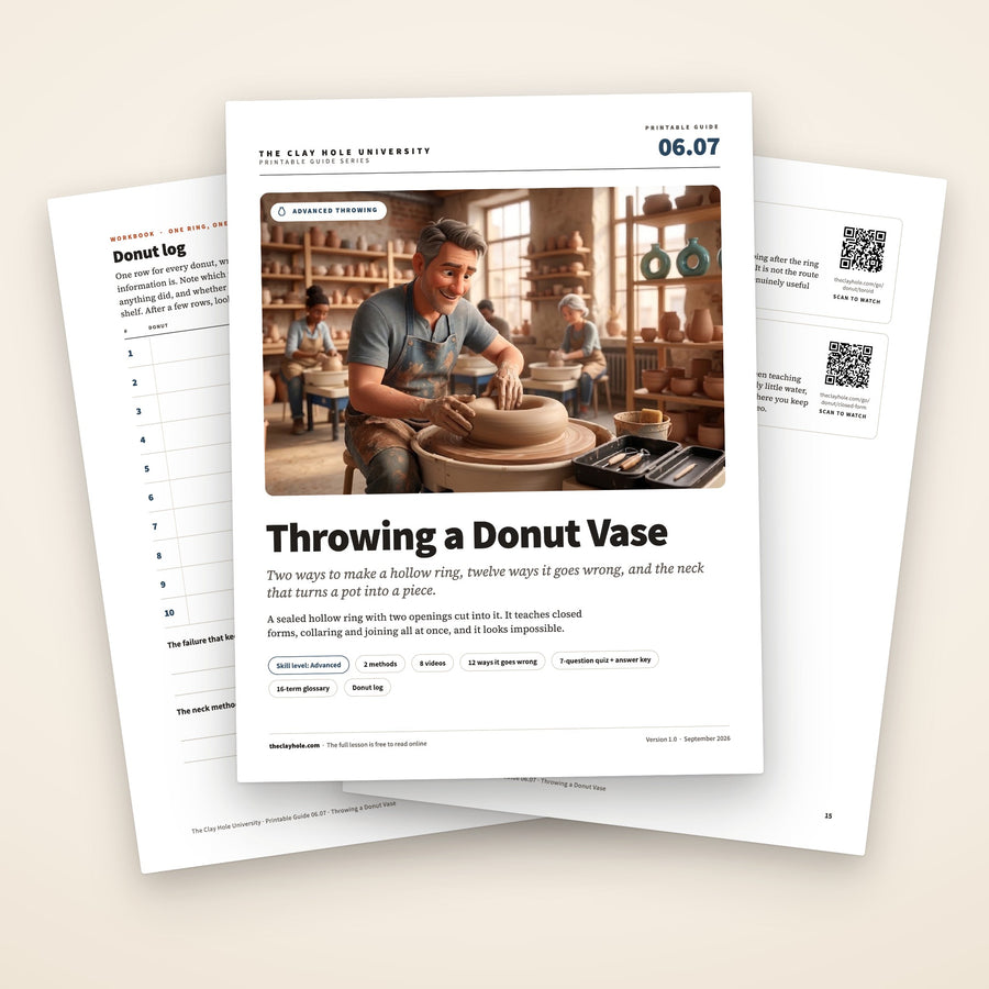 Throwing a Donut Vase printable pottery guide: the cover, with the donut log and troubleshooting pages fanned behind it