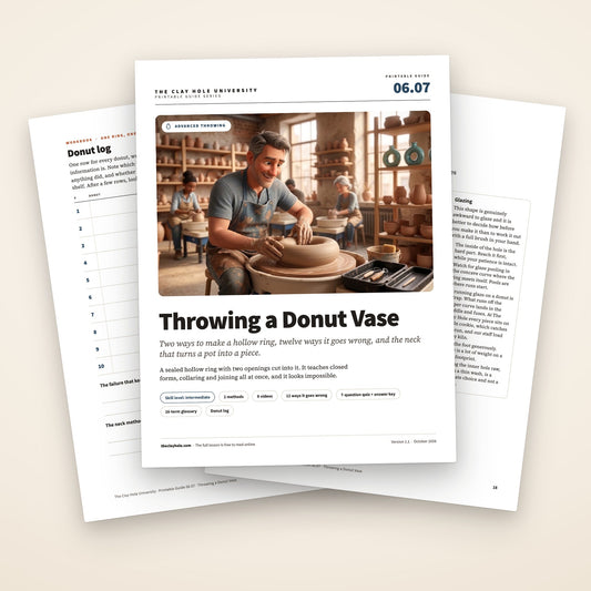Throwing a Donut Vase printable pottery guide: the cover, with the donut log and troubleshooting pages fanned behind it