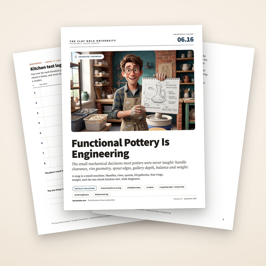 Functional Pottery Is Engineering printable guide: the cover, with the kitchen test log and the ten tests fanned behind it