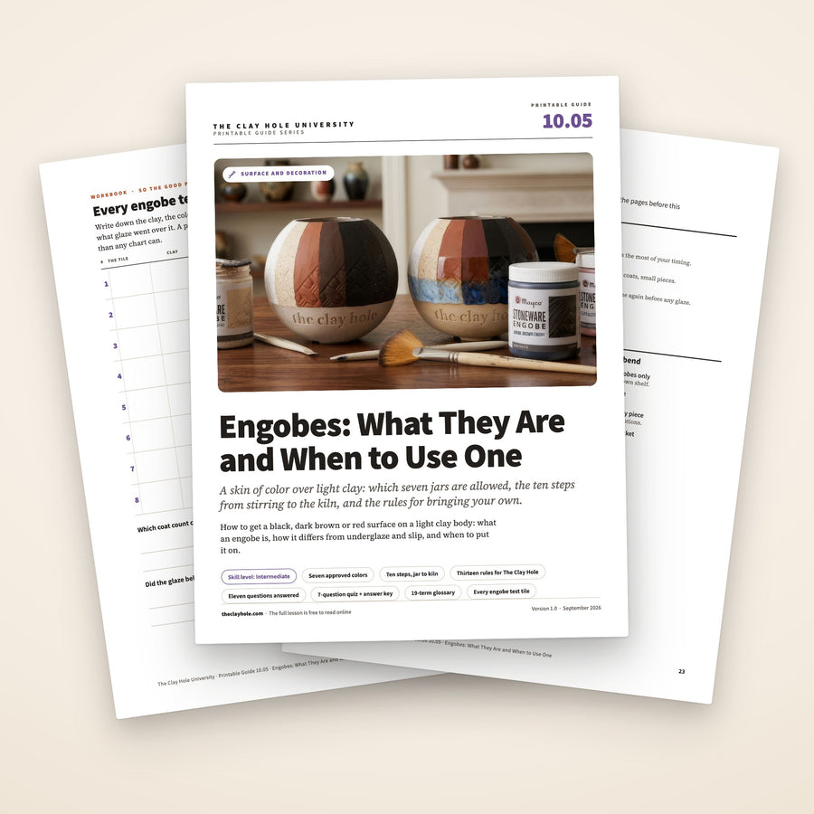 The Engobes printable guide: the cover, with the test tile log and the one page summary fanned behind it