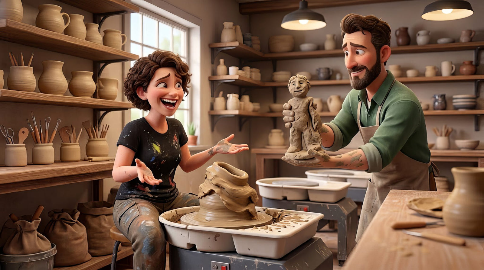 Two delighted beginners in a pottery studio, one laughing at the collapsed pot on her wheel and one holding up a lumpy little clay figure he just made