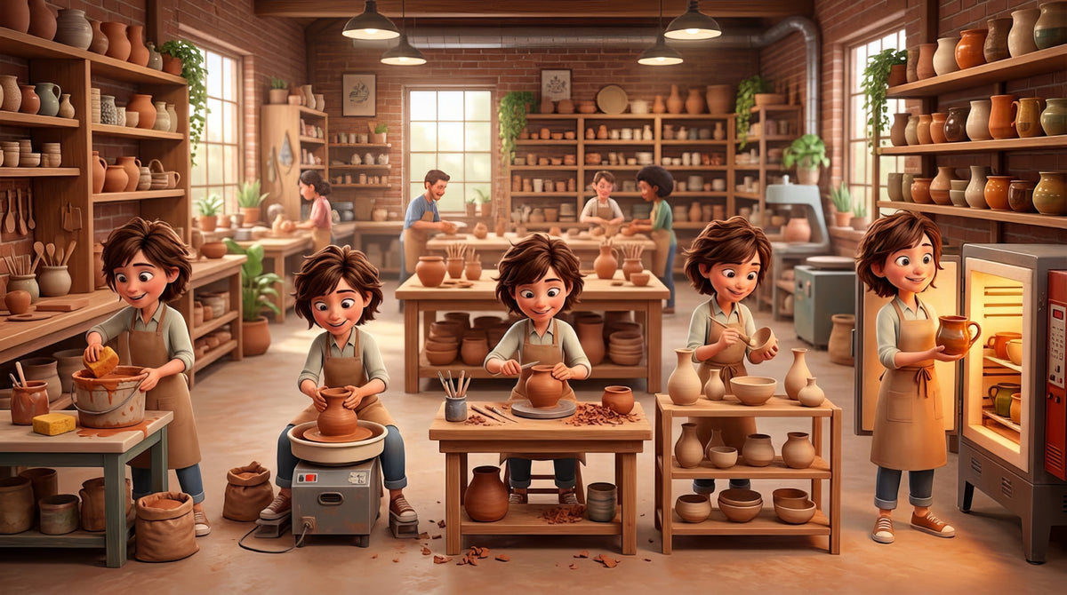 An illustrated pottery studio with five people working across the front: mixing a bucket at a low side table, throwing on a wheel, shaping a pot at a worktable of tools, handling finished pots at a second table, and lifting a glazed mug out of a glowing kiln.
