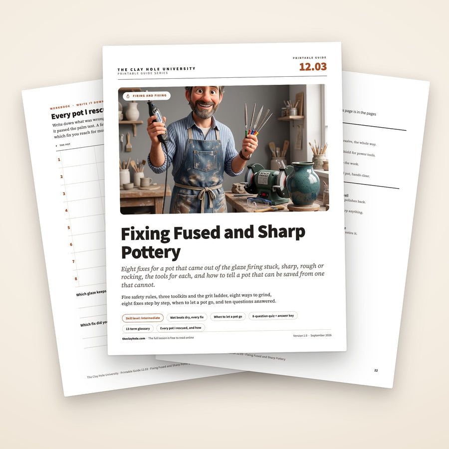 Fixing Fused and Sharp Pottery printable guide: the cover, with the pot log and the one page summary fanned behind it