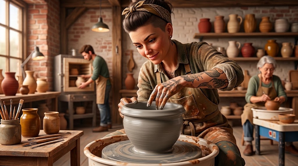 Illustration of a potter folding the flared rim of a wide thrown bowl back down against the outside of the wall on a pottery wheel