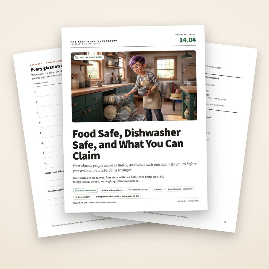 Food Safe, Dishwasher Safe, and What You Can Claim printable guide: the cover, with the glaze log and the one page summary fanned behind it