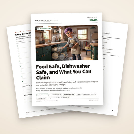 Food Safe, Dishwasher Safe, and What You Can Claim printable guide: the cover, with the glaze log and the one page summary fanned behind it