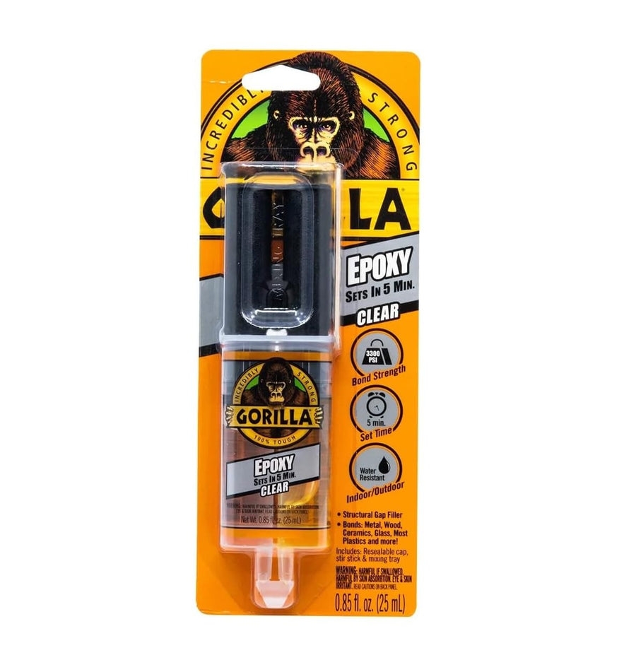 A Gorilla 5 Minute Epoxy syringe in its retail packaging, clear two part epoxy in a dual barrel applicator