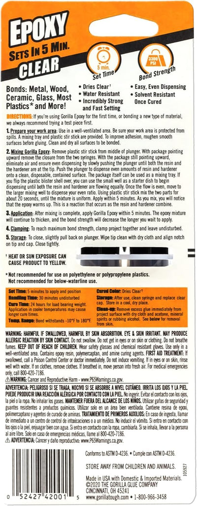 The back of the Gorilla 5 Minute Epoxy package showing set, handling and cure times