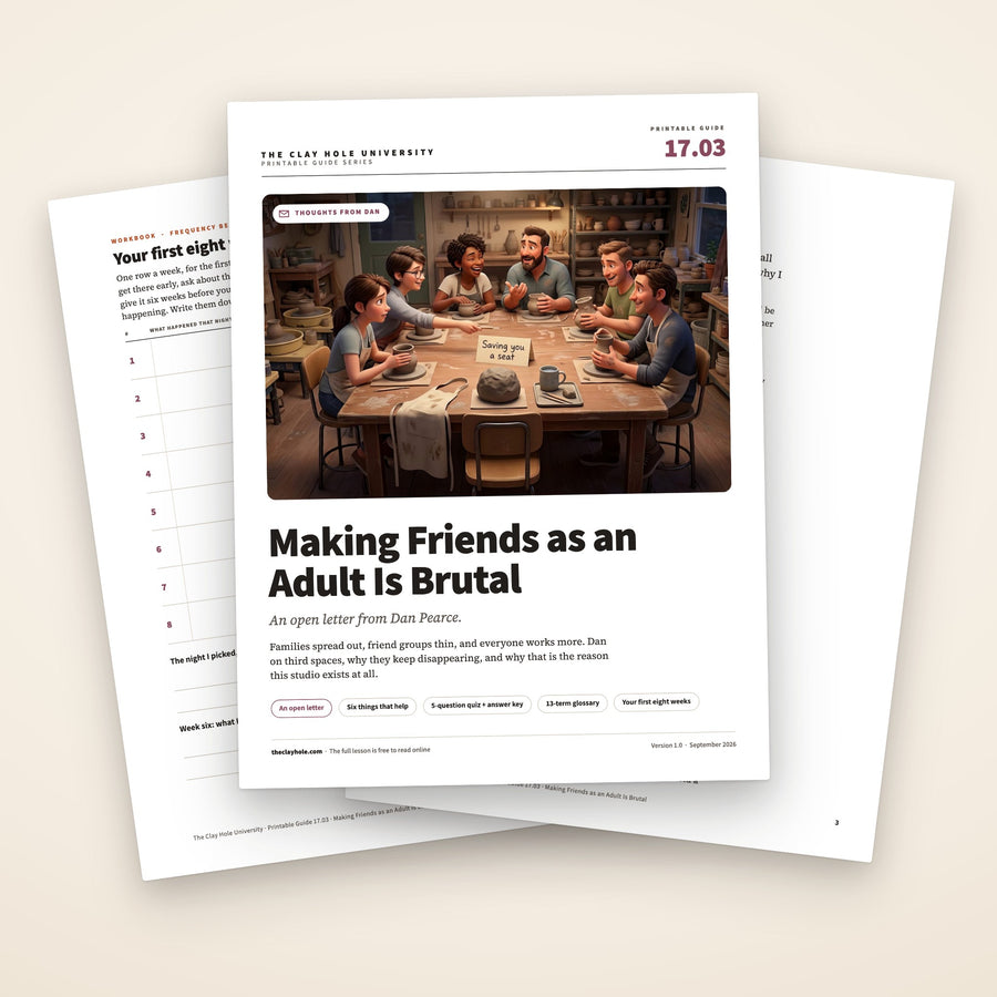 Making Friends as an Adult Is Brutal printable letter: the cover, with the eight week page and the first page of the letter fanned behind it