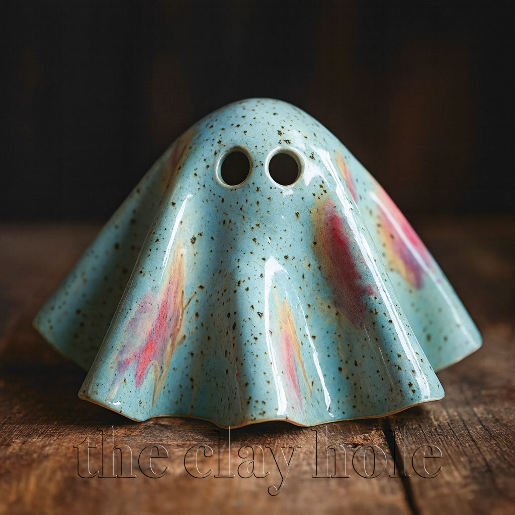 A ceramic ghost made in a pottery and ceramic class