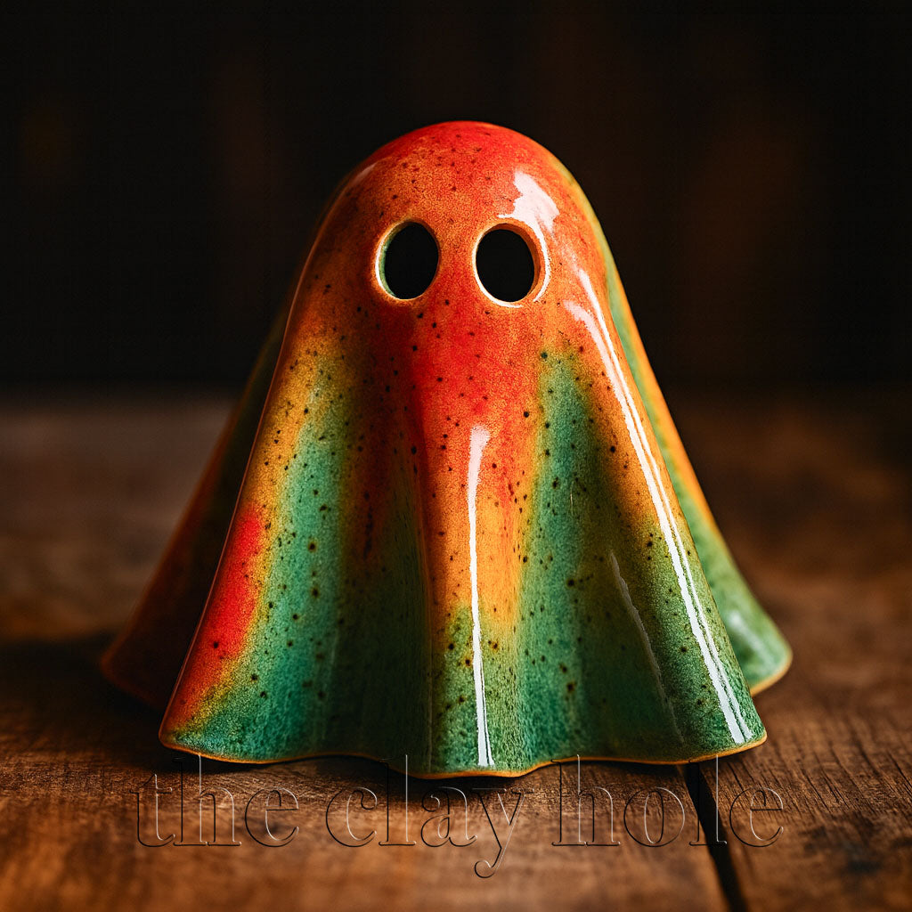 A ceramic ghost made in a pottery and ceramic class
