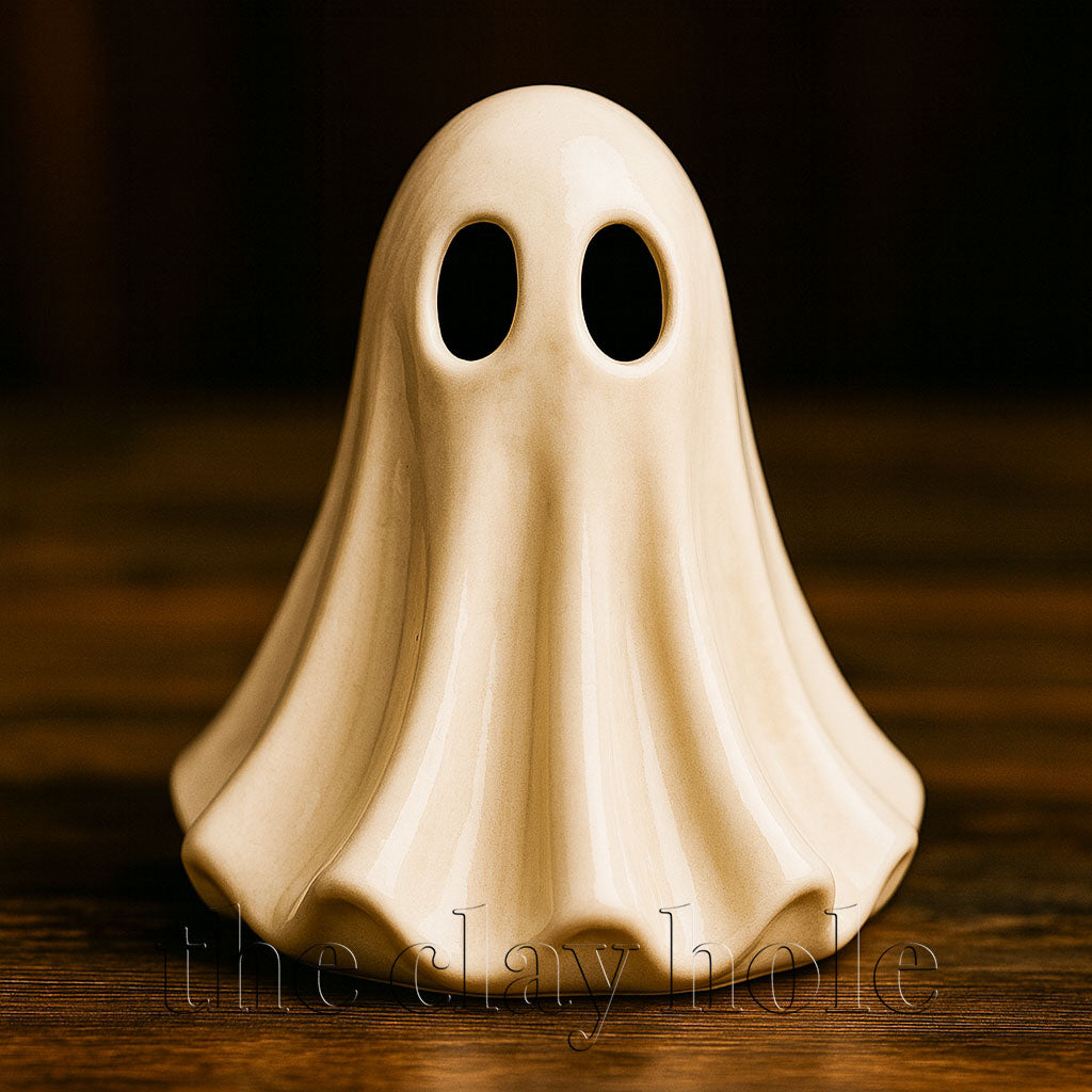 A ceramic ghost made in a pottery and ceramic class