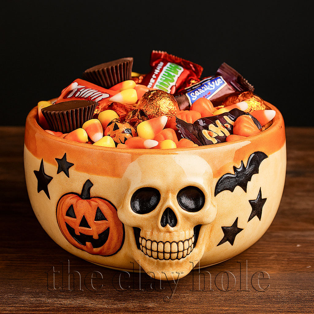 A Halloween candy bowl made in a pottery and ceramic class