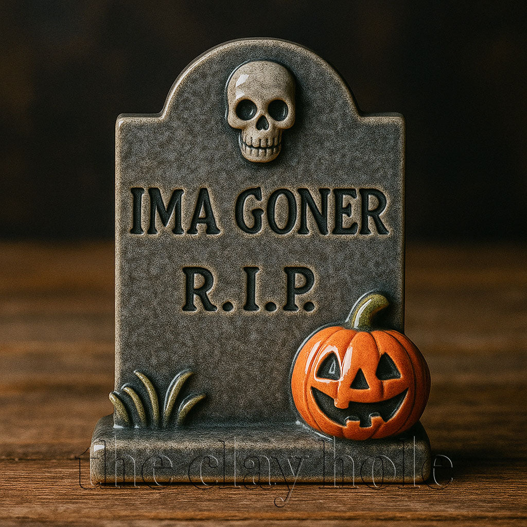 A ceramic tombstone made in a pottery and ceramic class