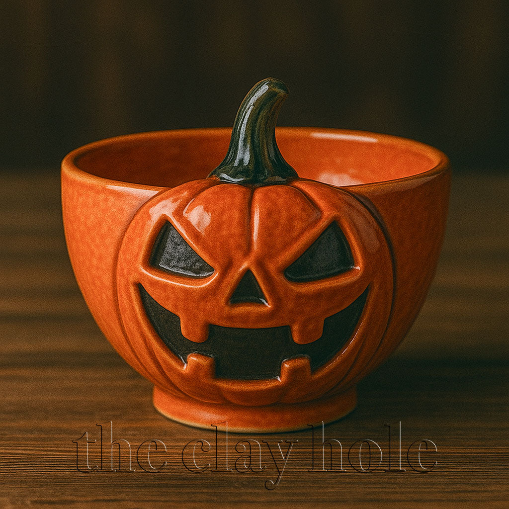 A Jack-o-Lantern Pumpkin Face Bowl made in a pottery and ceramic class