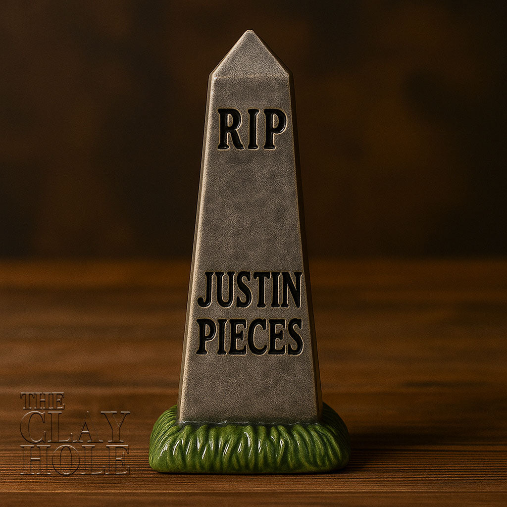 A ceramic tombstone made in a pottery and ceramic class