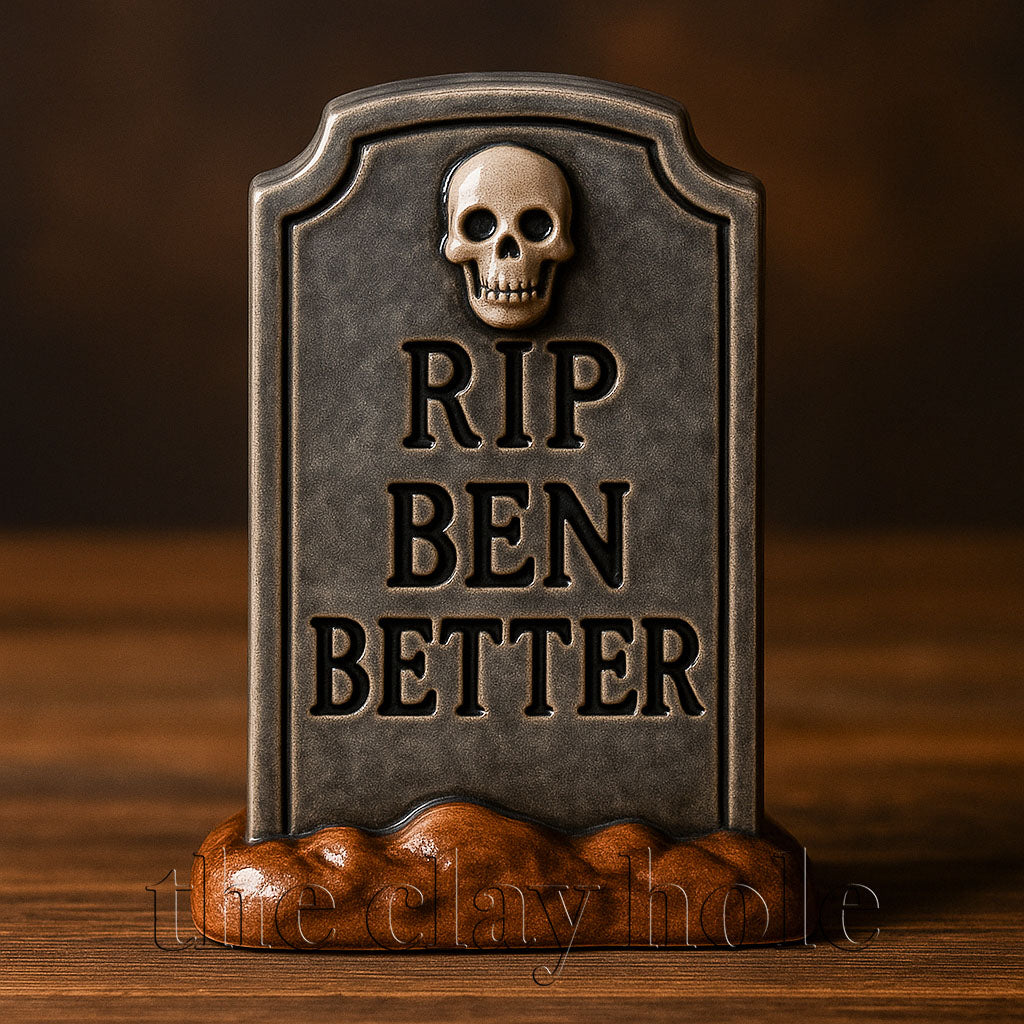 A ceramic tombstone made in a pottery and ceramic class