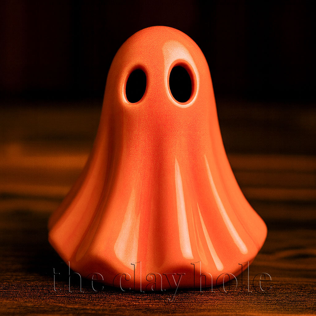 A ceramic ghost made in a pottery and ceramic class