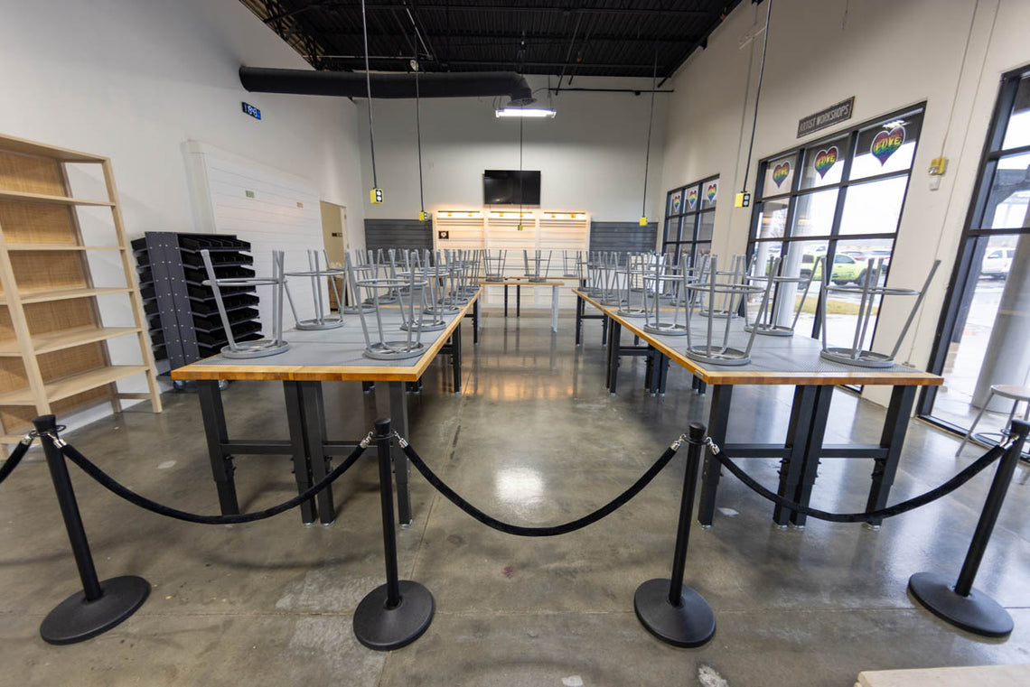 The Artists Workshop room set up with worktables for non-pottery art forms.