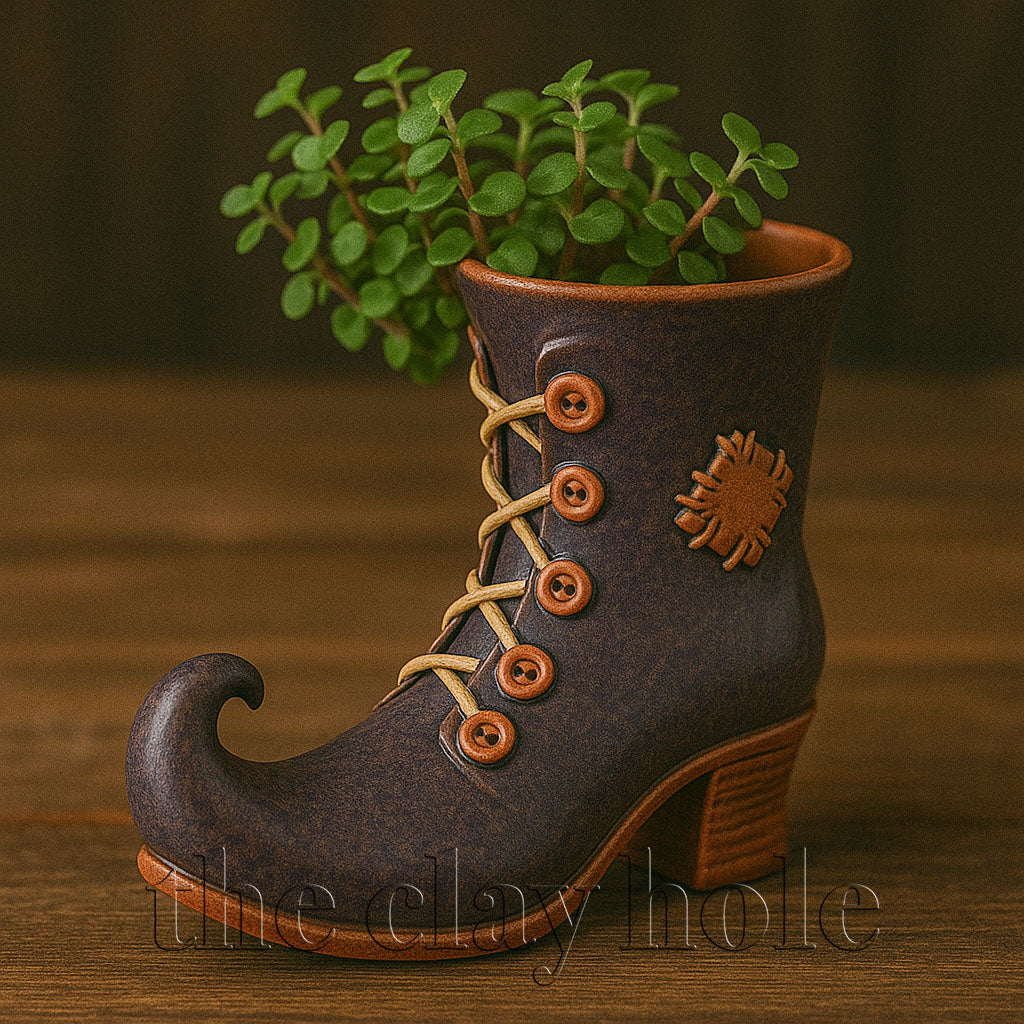 A witch's boot made in a pottery and ceramic class