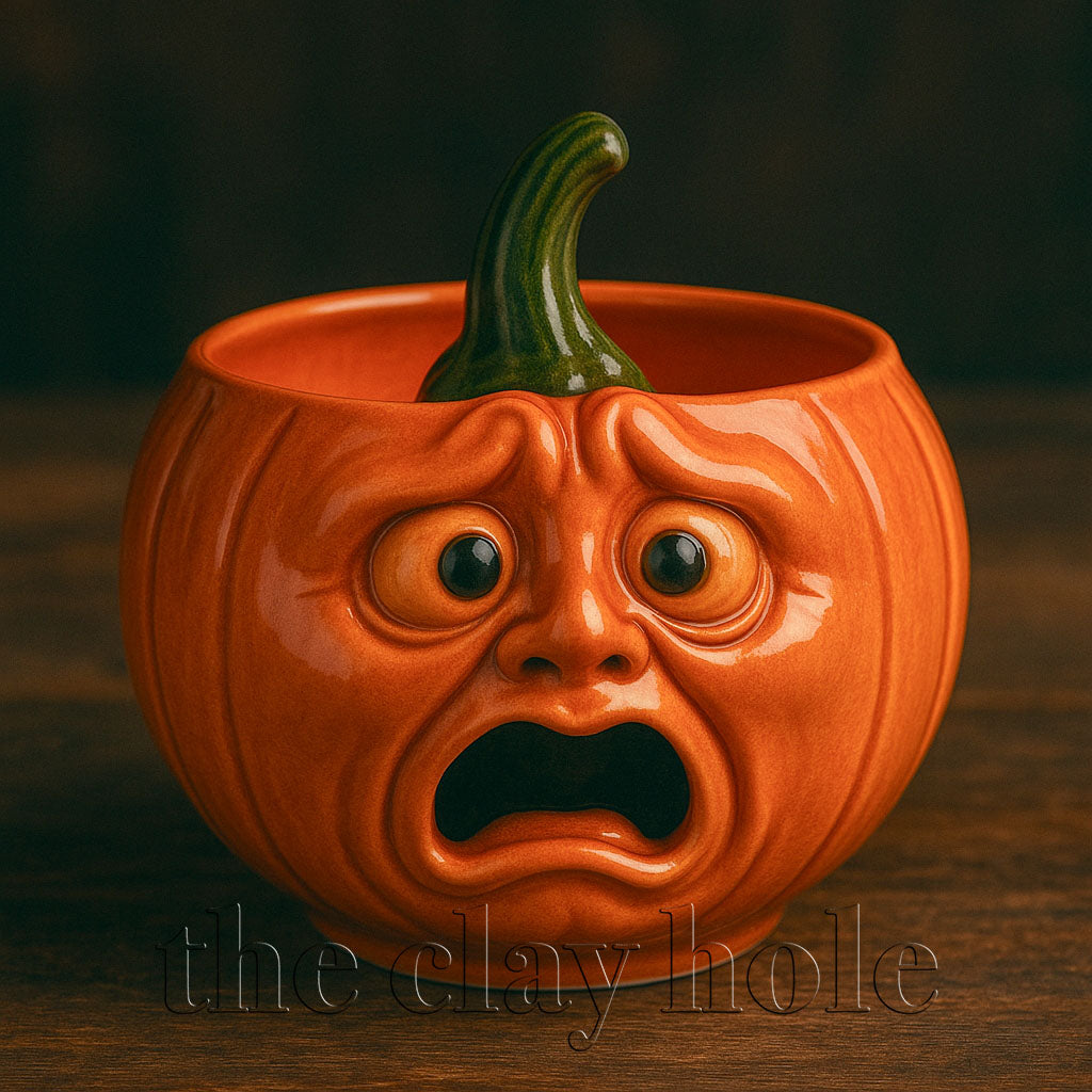 A Jack-o-Lantern Pumpkin Face Bowl made in a pottery and ceramic class