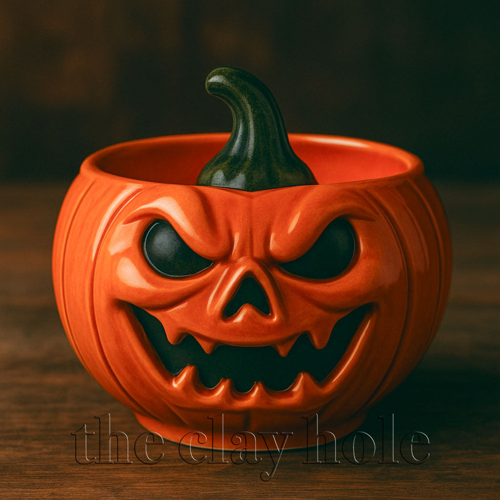 A Jack-o-Lantern Pumpkin Face Bowl made in a pottery and ceramic class