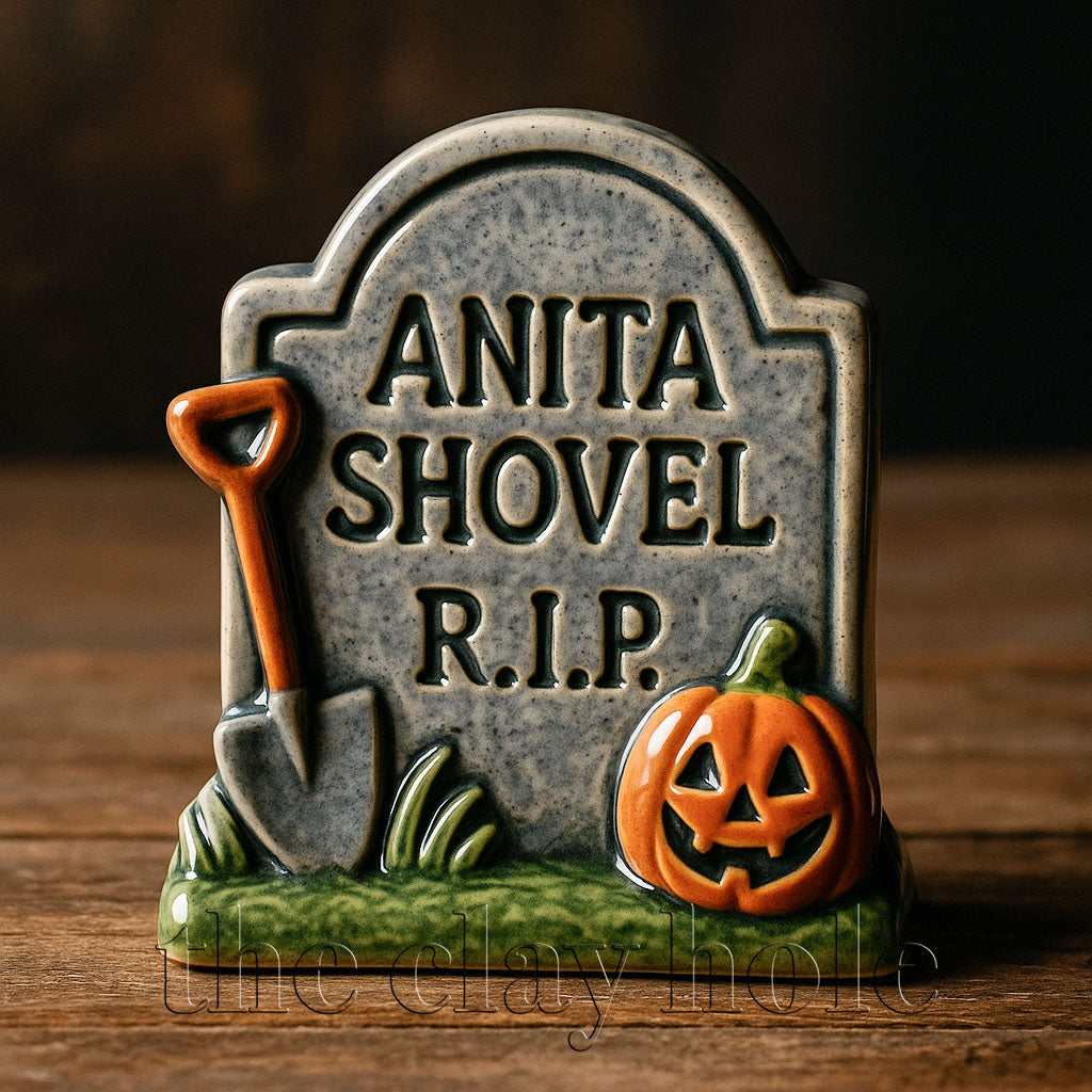 A ceramic tombstone made in a pottery and ceramic class