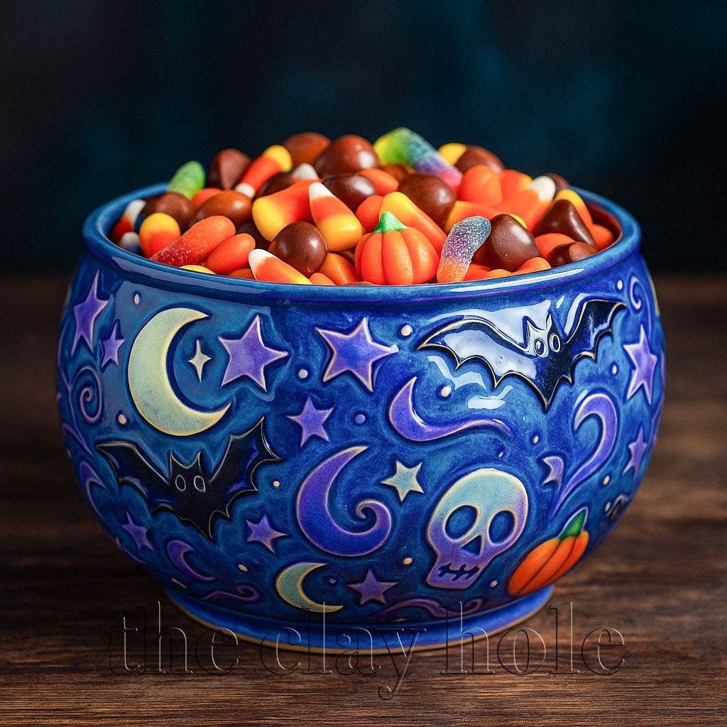 A Halloween candy bowl made in a pottery and ceramic class