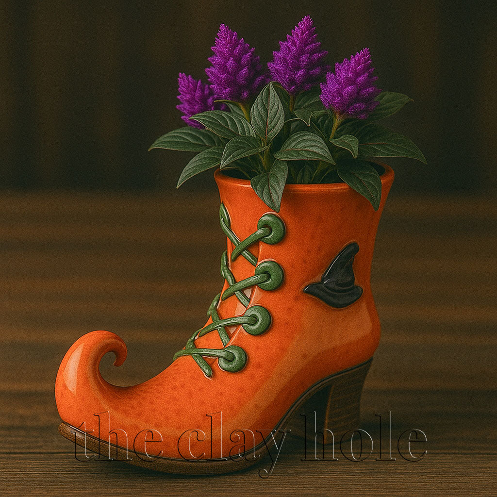 A witch's boot made in a pottery and ceramic class