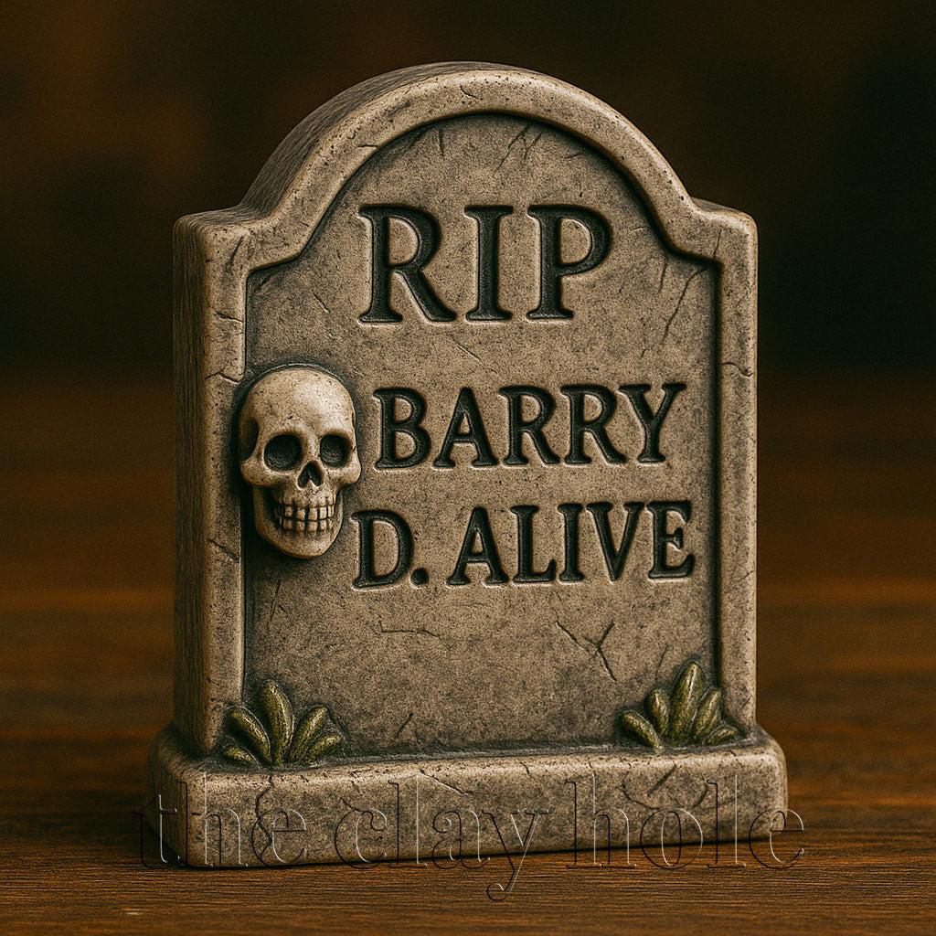 A ceramic tombstone made in a pottery and ceramic class