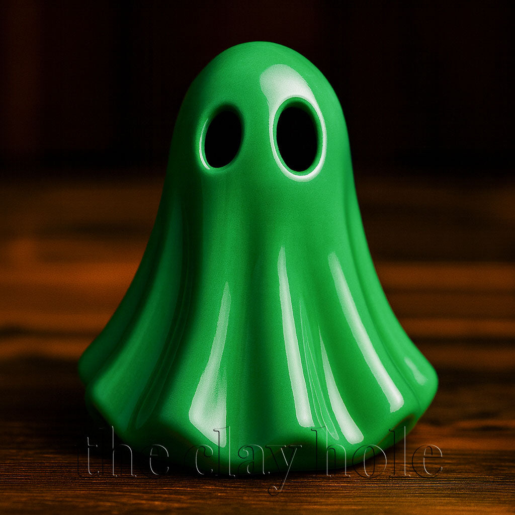 A ceramic ghost made in a pottery and ceramic class