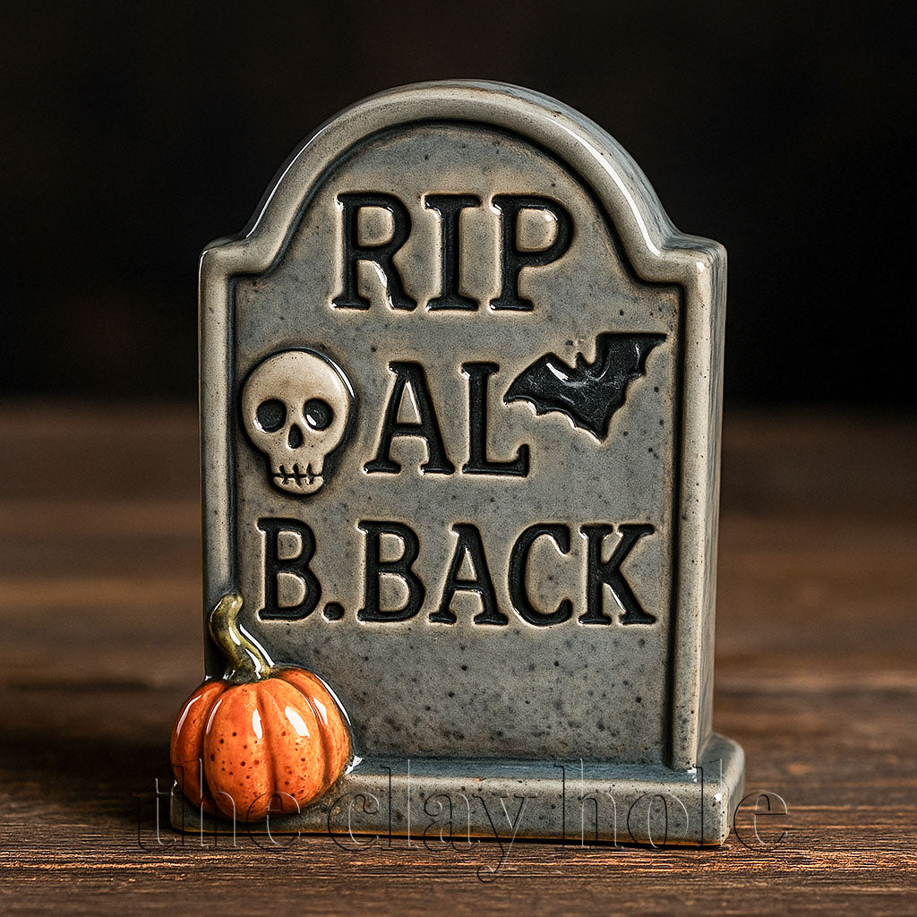 A ceramic tombstone made in a pottery and ceramic class