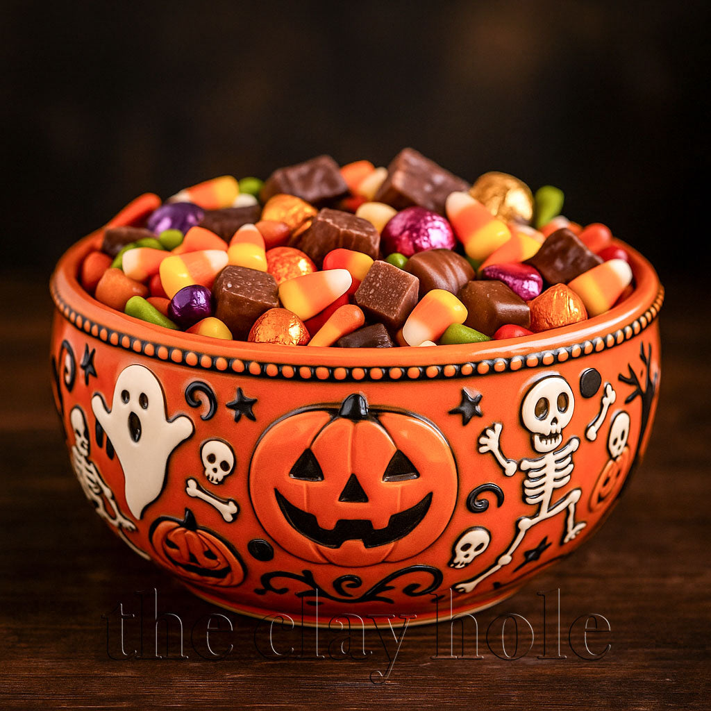 A Halloween candy bowl made in a pottery and ceramic class