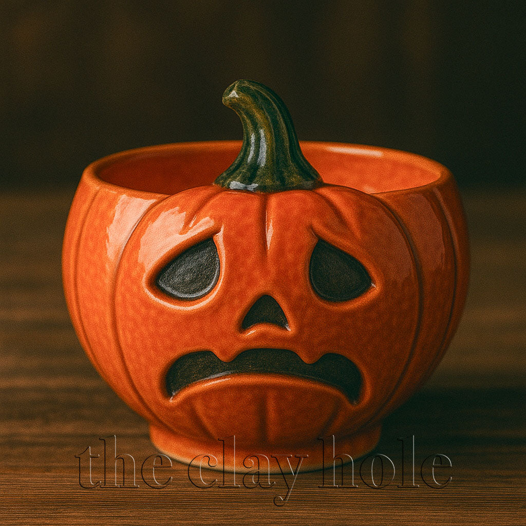 A Jack-o-Lantern Pumpkin Face Bowl made in a pottery and ceramic class