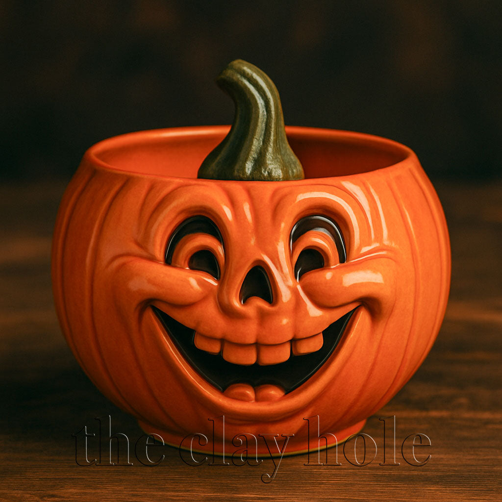A Jack-o-Lantern Pumpkin Face Bowl made in a pottery and ceramic class
