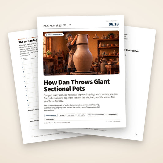 How Dan Throws Giant Sectional Pots printable guide: the cover, with the section log and the hard-won hints fanned behind it