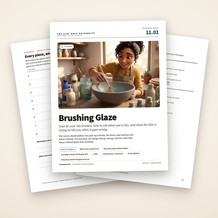Brushing Glaze printable guide: the cover, with the practice log and the one page summary fanned behind it