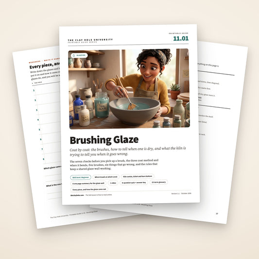 Brushing Glaze printable guide: the cover, with the practice log and the one page summary fanned behind it
