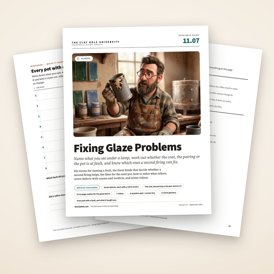 Fixing Glaze Problems printable guide: the cover, with an illustrated potter holding up a mug with a crawled glaze patch, and the practice log and the one page routine fanned behind it