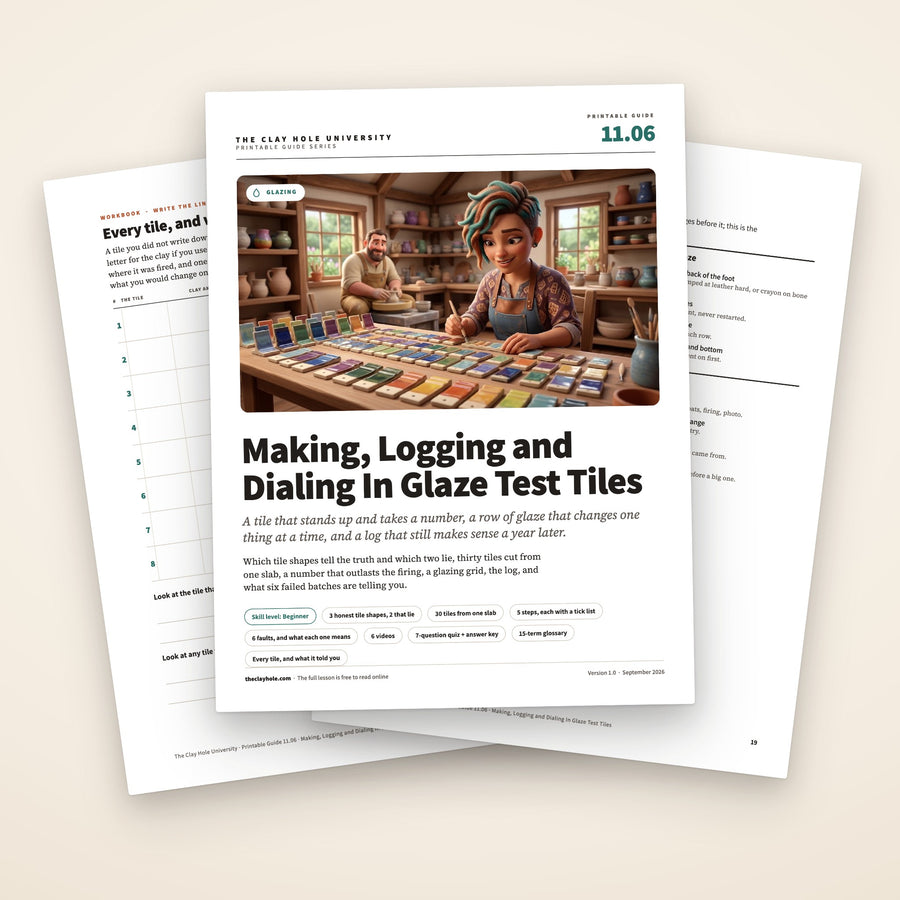 Making, Logging and Dialing In Glaze Test Tiles printable guide: the cover, with the tile log and the one page summary fanned behind it