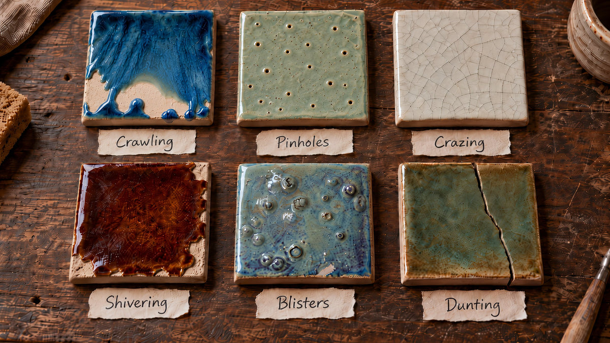 Six fired stoneware test tiles laid out on a wood bench, each labeled: crawling with the glaze beaded into islands, pinholes, crazing, shivering with glaze flaked off the edges, blisters, and dunting with a crack straight through the tile
