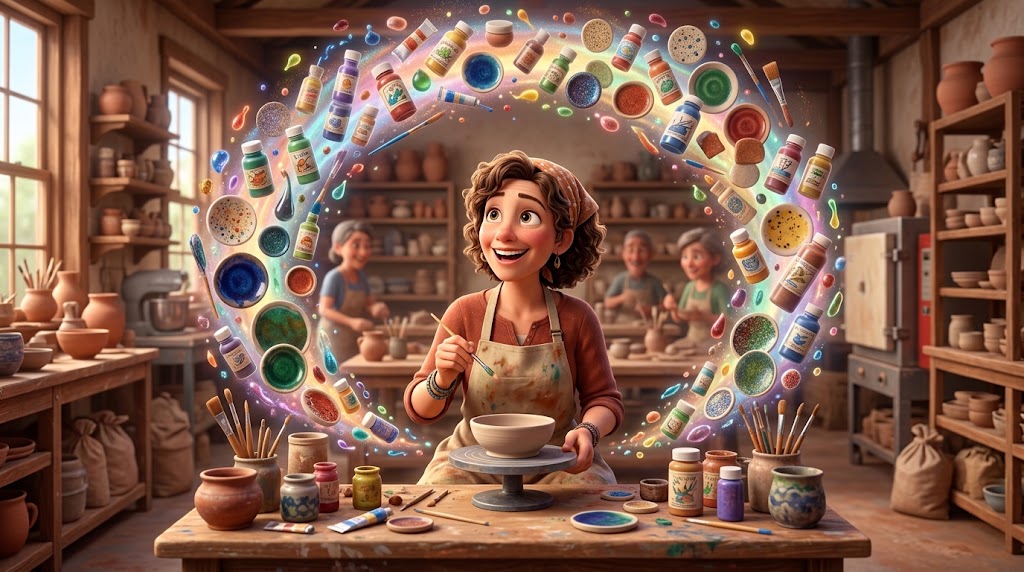 An illustrated potter at the wheel ringed by a swirling arc of glaze bottles and fired test tiles inside a busy pottery studio