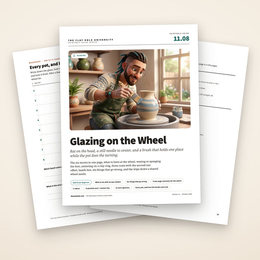 Glazing on the Wheel printable guide: the cover, with the practice log and the one page summary fanned behind it