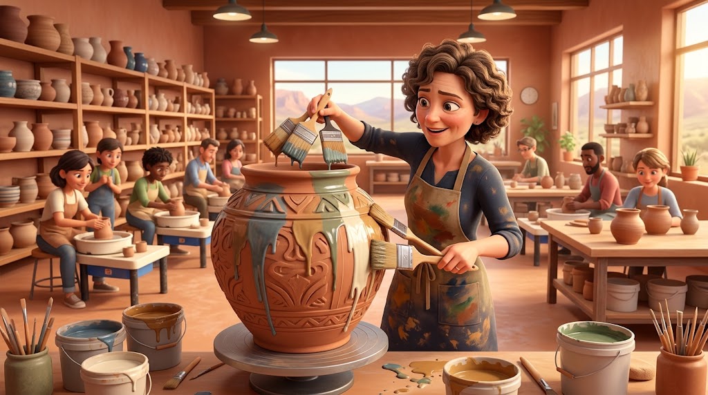 A large glazed ceramic vessel in a pottery studio, illustrating a guide to glazing big and intricate pottery faster