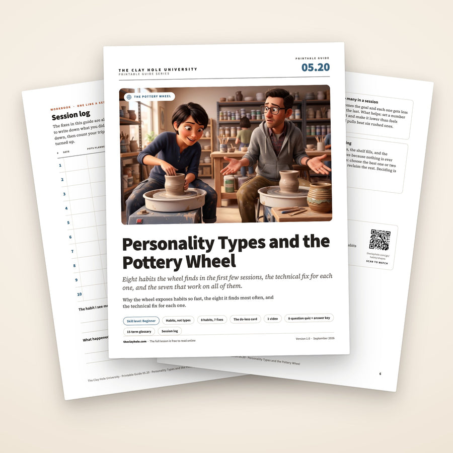 Personality Types and the Pottery Wheel printable guide: the cover, with the session log and the seven fixes fanned behind it