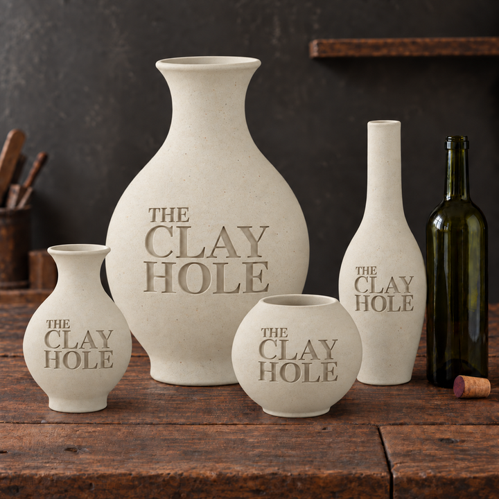 Four unglazed Laguna Half and Half clay vases stamped The Clay Hole, grouped with a wine bottle on a rustic table