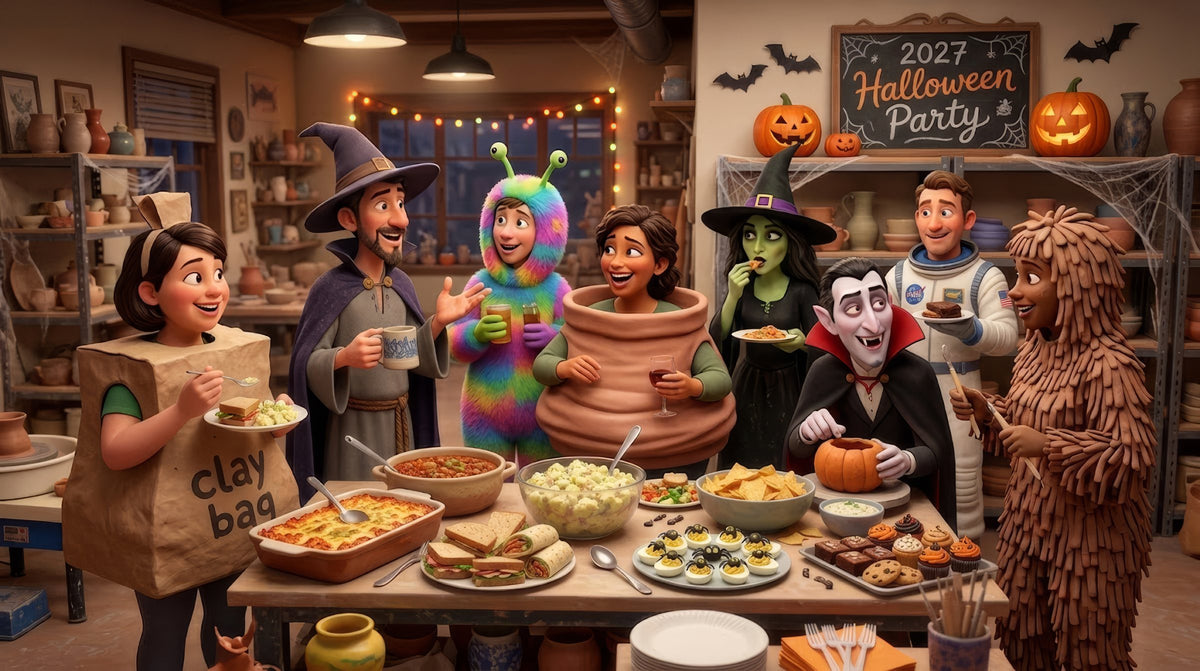 Illustrated Halloween pottery party with members in costume, a witch, a vampire and a walking bag of clay, around a potluck under a 2027 Halloween Party sign