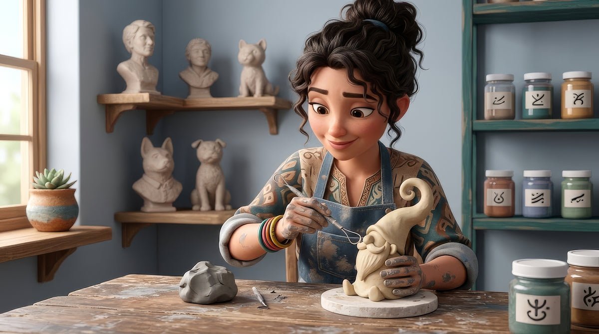 A small hand-built clay character with a large head and simple features being given a face with a needle tool, with pinch pot bodies and tiny coils on the bench beside it
