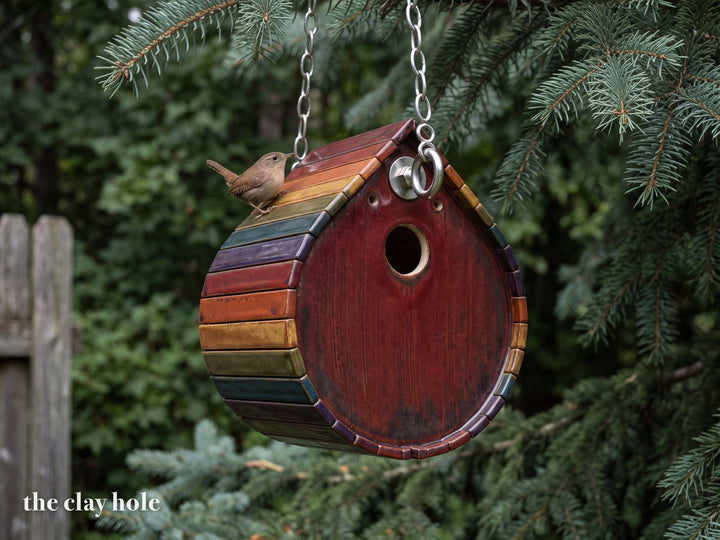 A hanging teardrop stoneware birdhouse built from separate glazed clay staves, made from The Clay Hole paper template